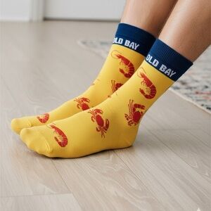 Old Bay Seasoning Crew Socks - Yellow with Crab & Shrimp Pattern Men’s size 6-12
